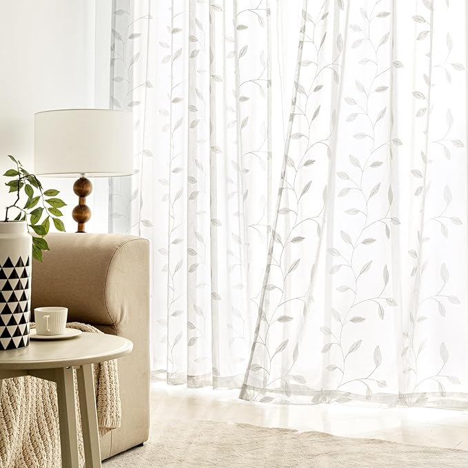 MIULEE White Sheer Curtains 2 Panels Embroidered Leaf Patterned Rod Pocket Floral Semi Sheer Faux Linen Window Curtains Drapes Set for Living Room Bedroom Dining Room, 52x84 Inches Long