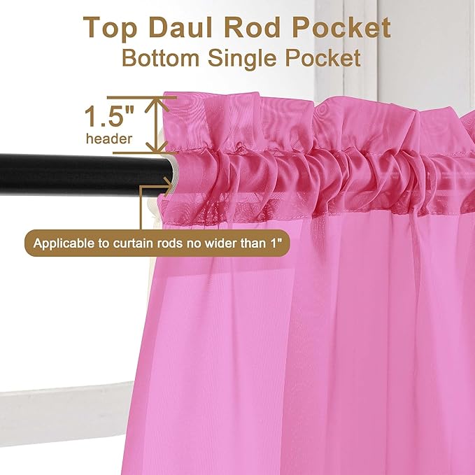 Chyhomenyc Sheer Hot Pink Tier Curtains 24 Inch Length Set, Small Window Kitchen Curtains for Bathroom Living Room Basement, Farmhouse Short Voile Curtain 42Wx24L, Rod Pocket, 2 PCS