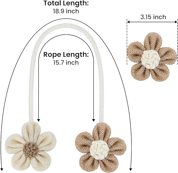 KLOGTSIND Flower Curtain Tiebacks, 2 Pack Boho Curtain Ties Elegant DIY Curtain Holdbacks, Decorative Window Drape Twist Tie Backs for Bedroom Decor, Nursery Decor, Farmhouse Decor