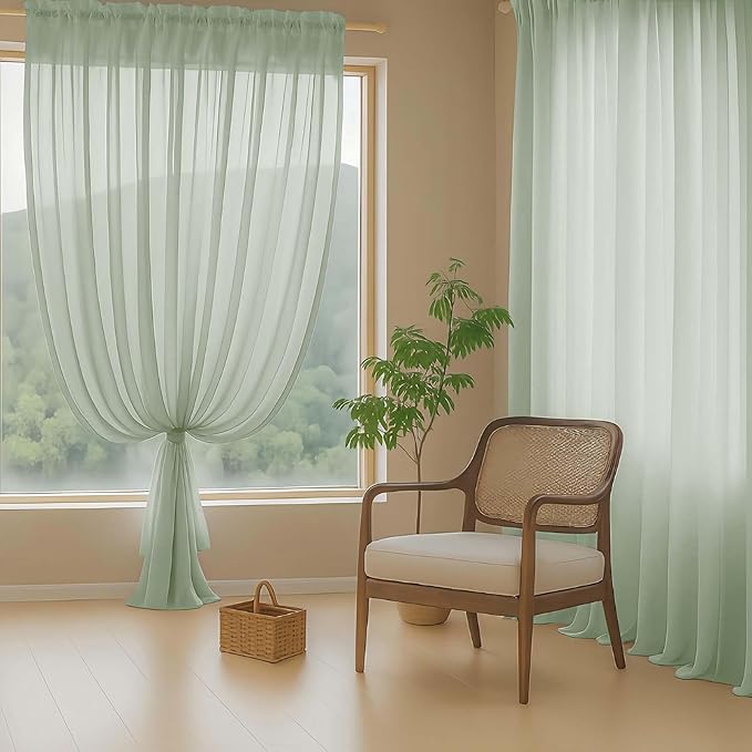Sage Green Sheer Curtains for Window 72 inches Long 2 Panels Set, Soft Airy Modern Light Filtering Sheer Curtains for Living Room Bedroom, Dual Rod Pocket Solid Window Drapes, 2x42Wx72L inches