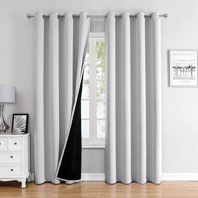 ChrisDowa 100% Blackout Curtains for Bedroom with Black Liner, 2 Thick Layers Total Blackout Thermal Insulated Grommet Window Curtains 2 Panels Set (Greyish White, 52 x 84 Inch)