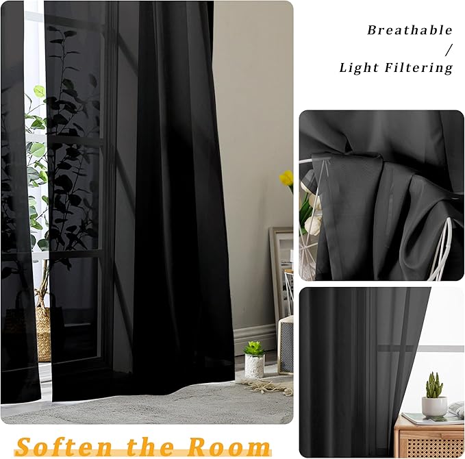 Gwine Black Sheer Curtains 63 Inch Length for Living Room 2 Panels, Light Filtering Rod Pocket Window Curtain Treatment for Bedroom, Voile Elegant Sheer Drapes，Each 42" Wx63 L, Black