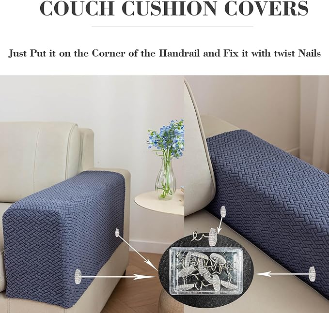 2Pcs Couch Arm Covers, Armrest Cover for Sofa, Sofa Arms Covers Washable Arms with Twist Pins Soft,Skin-Friendly for Pets (Texture Light Gray, Armrest Cover)