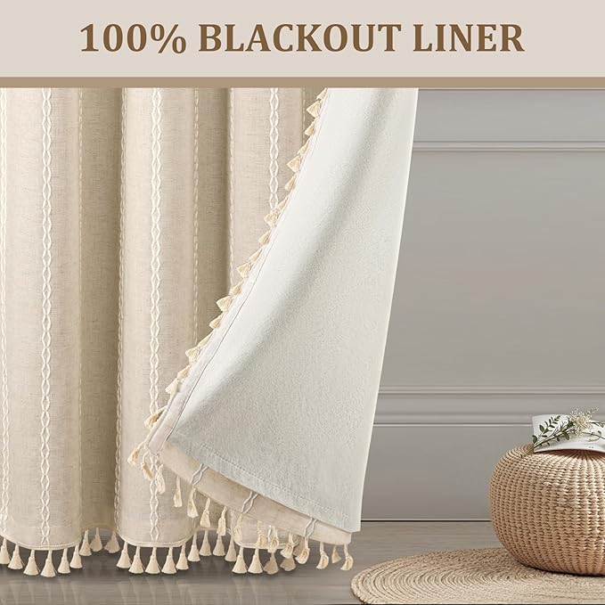 Boho Blackout Curtains 90 Inches Long Beige Linen Blend 2 Panels with Tassels and Cotton Embroidery, Farmhouse Vintage Rustic Rod Pocket Drapes for Living Room or Bedroom
