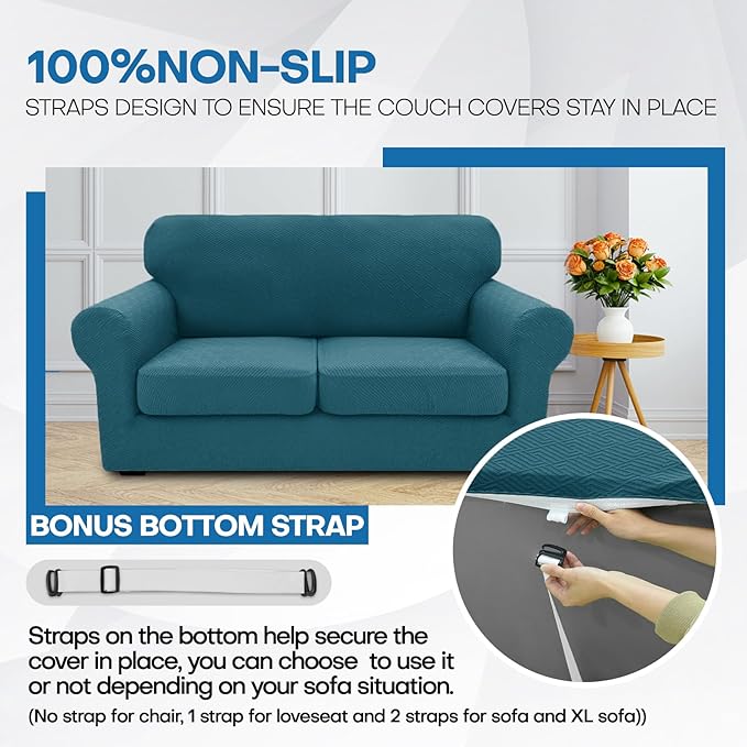 XINEAGE New 4 Pieces Couch Covers for 3 Cushion Couch Super Stretch Thick Soft Sofa Cover Anti Slip Sofa Slipcover Dogs Cats Furniture Protector (Peacock Blue, 71"-91")