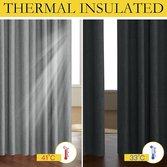NICETOWN 100% Absolutely Blackout Linen Curtains with Thermal Insulated White Liner, Dove Grey, W52, 2 Pieces, Noise Reducing Textured Linen Look Curtains for Windows 120 inch Length for Classroom