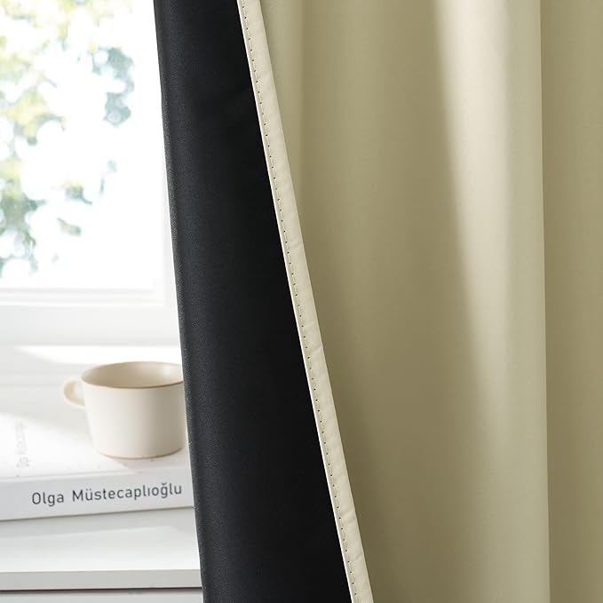 RYB HOME Bedroom Blackout Curtains 72 inches Long, 100% Blackout Thermal Insulated Noise Reducing Curtains for Living Room Nursury, 34 inches Wide by 72 inches Long, Beige