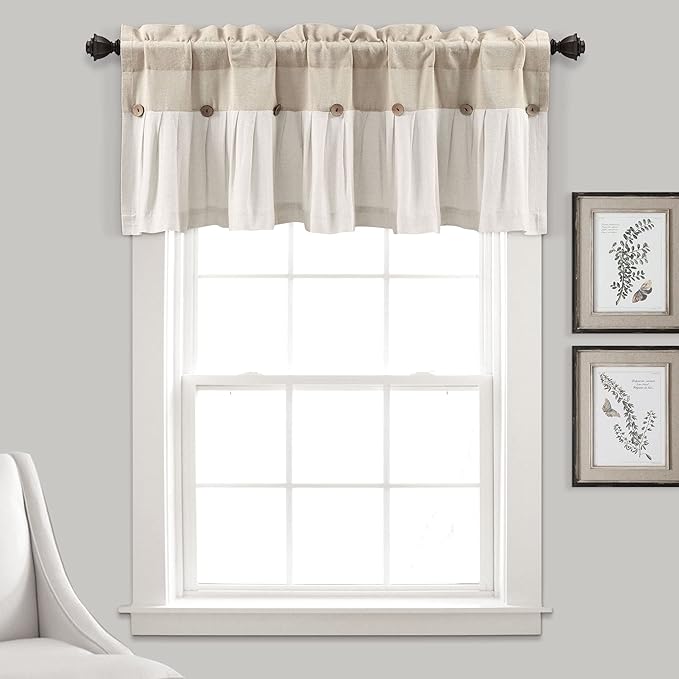Lush Decor Linen Button Farmhouse Valance Curtians 52"W x 18"L Blue & White - Linen Valances For Windows - Kitchen Curtains Valances - Bathroom Curtain