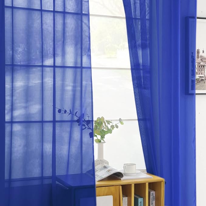 youleyar Solid Sheer Rod Pocket Curtain Voile Draperies 2 Panels White Beige Black Grey Coffee 52 Inch Width 84 Inch Long 1 Pair for Kitchen Bedroom Children Living Room Yard (Sapphire,52Wｘ84L)