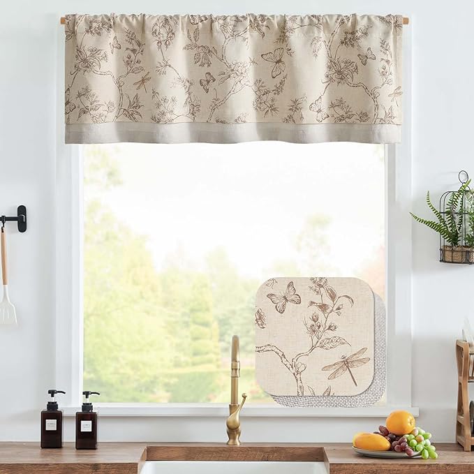 jinchan Floral Curtain Valance for Windows 16 Inch Linen Valance for Kitchen Living Room Rustic Cottage Farmhouse Flower Butterfly Curtain Rod Pocket 1 Panel Double Layer Blackout Taupe on Beige