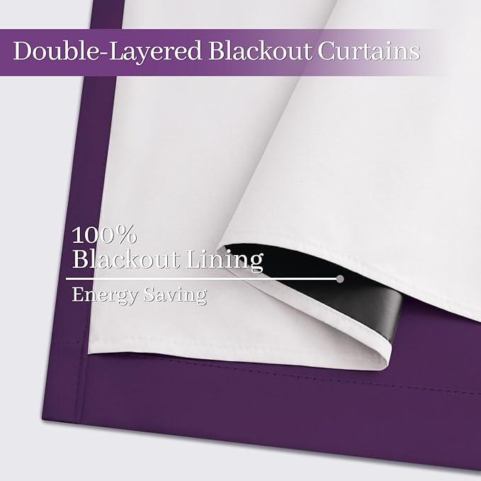Yakamok Room Darkening 100% Blackout Curtains Grommet Window Treatments with 2 Thick Layers-Purple Thermal Insulated Drapes Set of 2 Panels for Bedroom Living Room 38 Inches by 63 Inches Length
