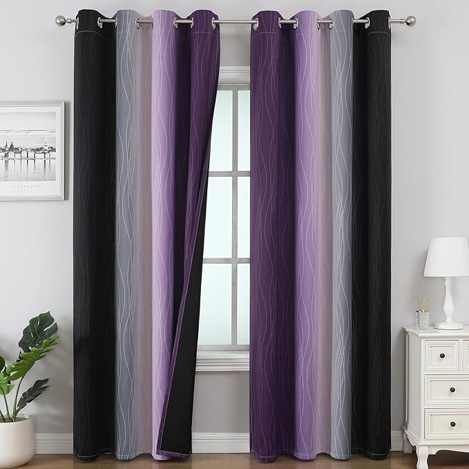 Estelar Textiler Purple and Black Ombre Blackout Curtains 108 Inch Length 2 Panels Set, Thermal Insulated Drapes for Bedroom,Full Room Darkening Grommet Gradient Curtains for Living Room,52Wx108L