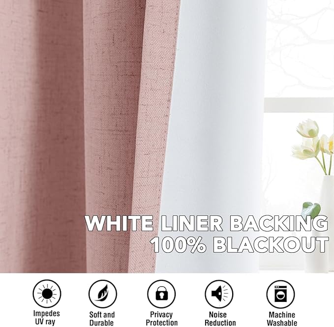 H.VERSAILTEX Linen Curtains 100% Blackout Curtains for Bedroom 63 inch Long Full Light Blocking Nature Linen Blended Window Curtains for Living Room Nickel Grommet (2 Panels, Heathered Baby Pink)
