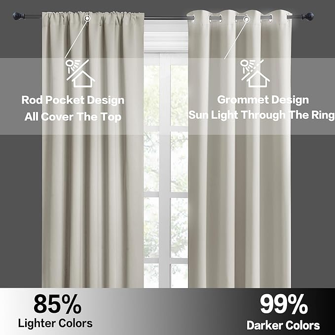 RYB HOME Short Curtains for Bedroom, Room Darkening Insulated Summer Heat Light UV Blocking Energy Saving Drapes for Nursery, Width 34 by Length 45, Natural, Set of 2