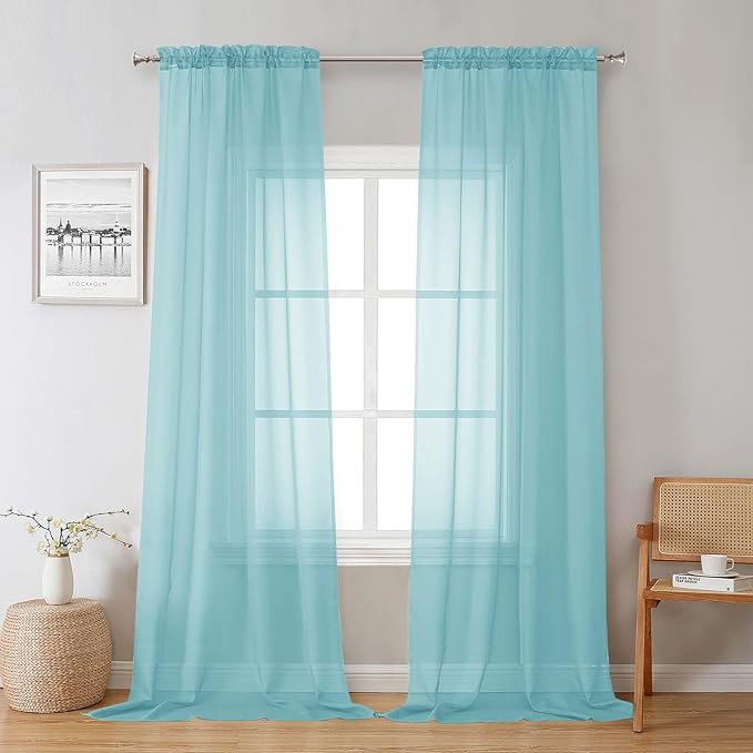 Lecloud Aqua Sheer Curtains for Living Room 96 Inches Long 2 Pcs, Dual Rod Pockets Light Filtering Airy Home Decor Window Curtains for Bedroom, Solid Color Voile Drapes, Each Panel 42" W x 96" L