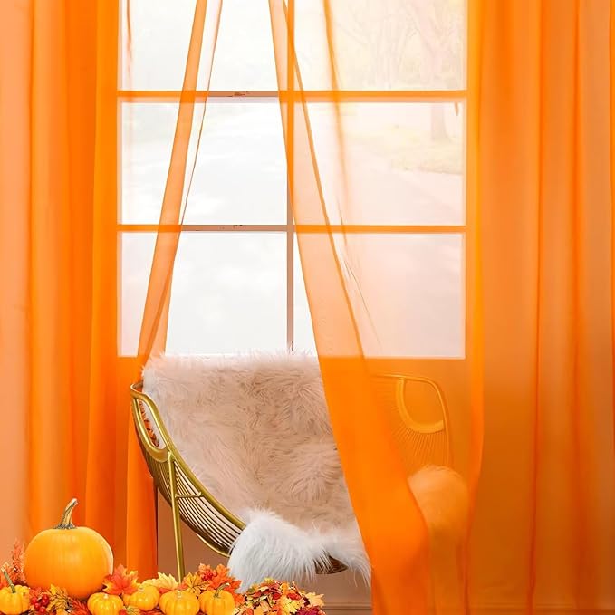 youleyar Solid Sheer Rod Pocket Curtain Voile Draperies 2 Panels White Beige Orange Grey Coffee 60 Inch Width 63 Inch Long 1 Pair for Kitchen Bedroom Children Living Room Yard(Orange,60Wｘ63L)