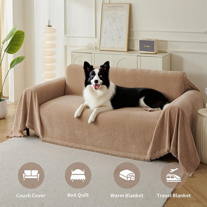 Couch Cover for Dogs, Boho Sofa Covers for 3 Cushion Couch, Chenille Sofa Slipcover for Pets Washable, L-Shape Sectional Couch Loveseat Cover Soft Throw Blankets with Tassels(91x134,Khaki)