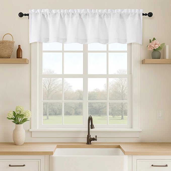 OVZME White Valance for Windows, Light Filtering Thick Textured Small Short Valance Kitchen Curtain, Dual Rod Pocket Top Short Window Curtain for Bathroom Basement, 1 Piece, 60Wx12L Inch