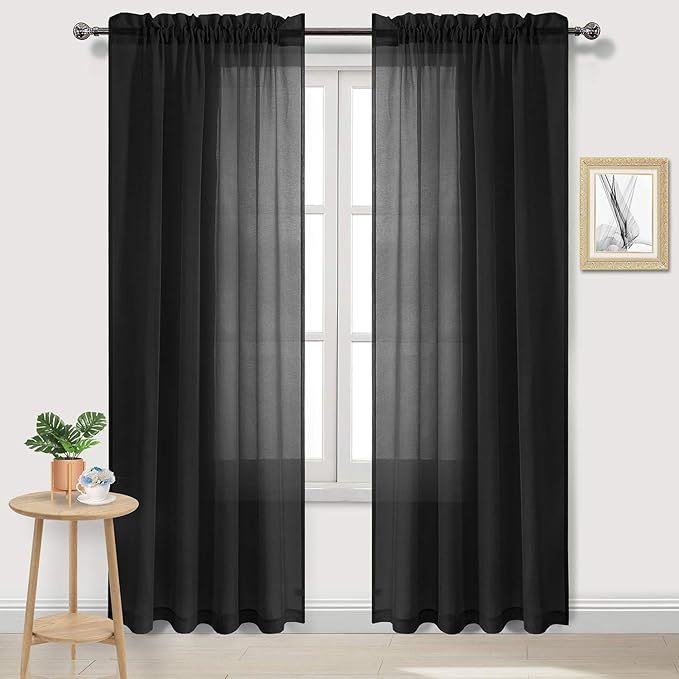 DWCN Black Sheer Curtains Semi Transparent Voile Rod Pocket Curtains for Bedroom and Living Room, 52 x 90 inches Long, Set of 2 Panels