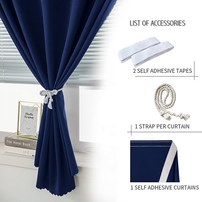 Self Adhesive Portable Blackout Curtains for Bedroom Easy to Install Window Thermal Lnsulated Kitchen Room Darkening Small Window Curtains, 35" W X 71" L, Navy Blue, 1 Panel