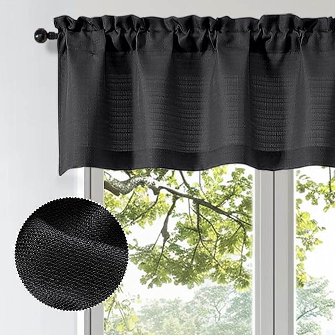 OWENIE Bob Valance Curtains 18 Inch Length 1 Piece, Faux Linen Slub Solid Black Kitchen Valance for Bedroom Living Room, Farmhouse Soft Airy Rod Pocket Small Window Curtain, Each 60Wx18L Inch