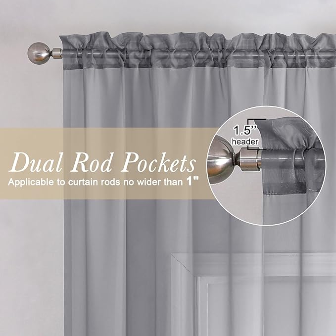 Lecloud Sheer Curtain Panels Set 96" Inches Long, Solid Voile Light Filtering Airy Curtains Window Treatment Drapes for Living Room, 2 Panels Elegant Bedroom Sheer Curtains, Charcoal Grey, 40" Wx96 L