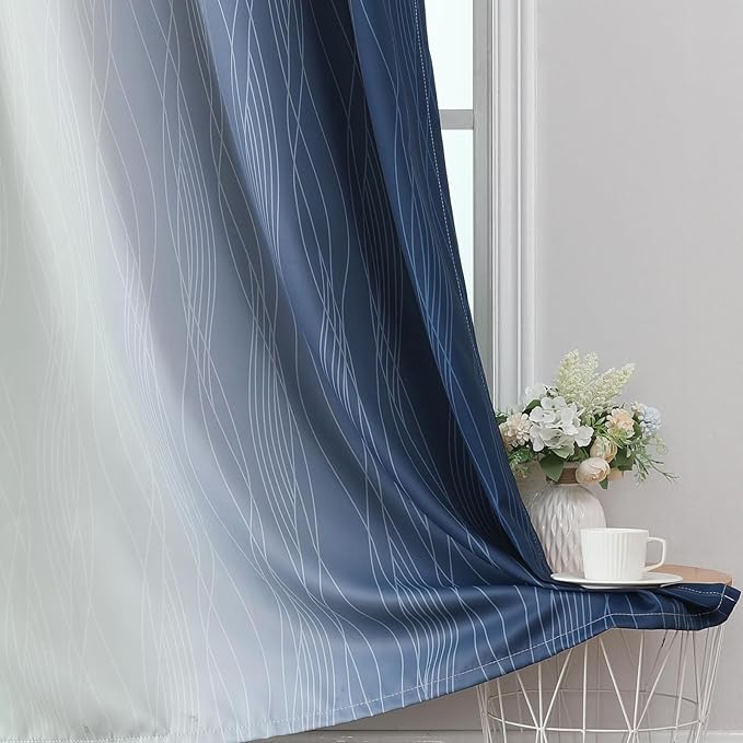 Estelar Textiler Navy Blue and Sage Green Ombre Blackout Curtains 63 Inch Length 2 Panels, Full Room Darkening Grommet Curtains for Bedroom, Thermal Insulated Light Blocking Gradient Drapes,52Wx63L
