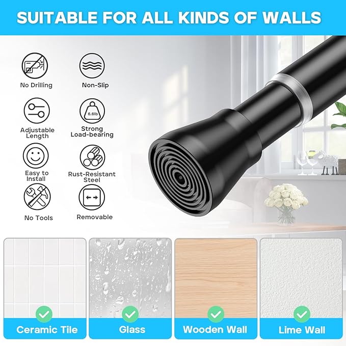 AIZESI Tension Curtain Rod 28 to 48 Inch, 2pcs Black Tension Rod Adjustable Curtain Rod Curtain Tension Rod Spring Tension Curtain Rod No Drill Spring Curtain Rod Small Shower Rod