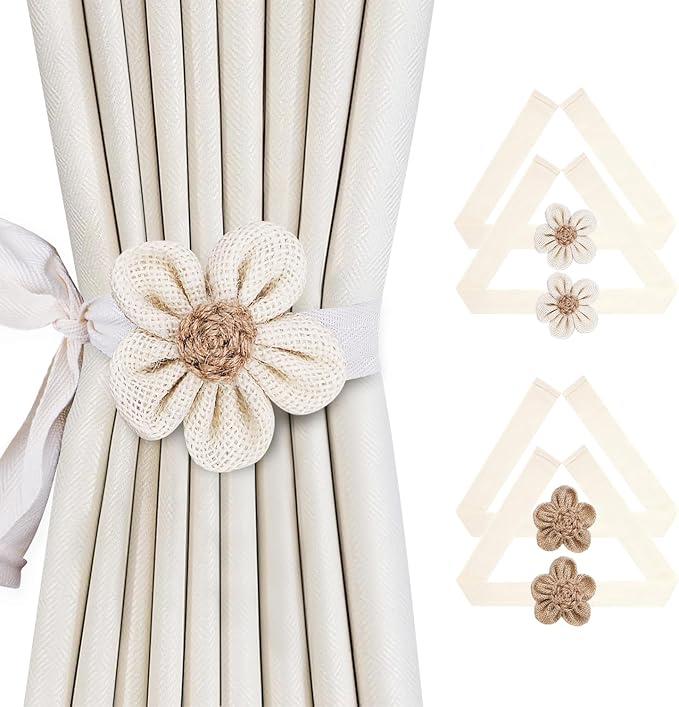 SRG 4pcs Handmade Rope Curtain Tiebacks | Boho Flower Curtain Holdbacks | Simple Elegant Sunflower Curtain Holders | Boho Bedroom Decor（Cream&Khaki）