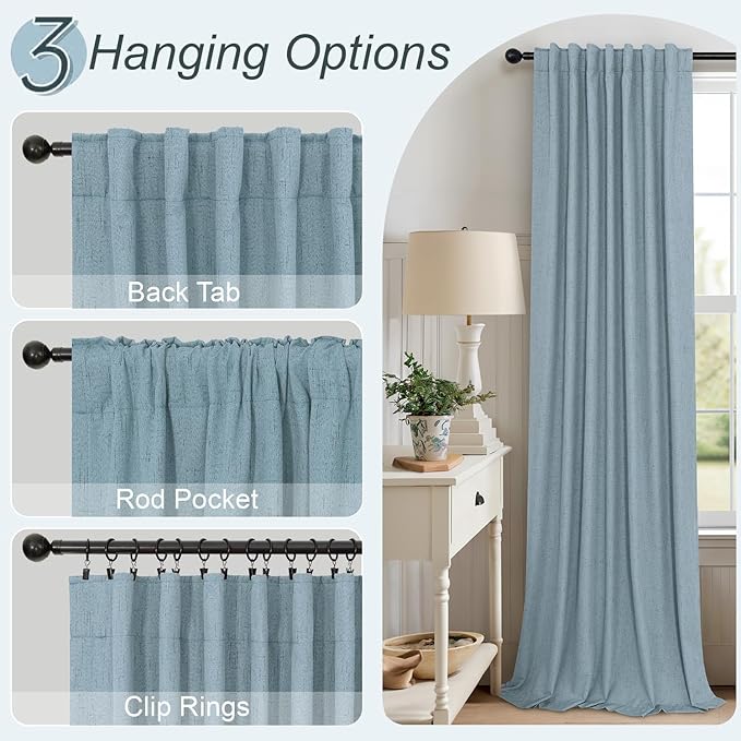 Light Blue Curtains for Bedroom 63 Inch Length 2 Panels Neutral Linen Textured Full Blackout Room Darkening Noise Reducing Curtain for Bay Window Kids Room Boys Nursery Dusty Slate Stone Blue 63 Long