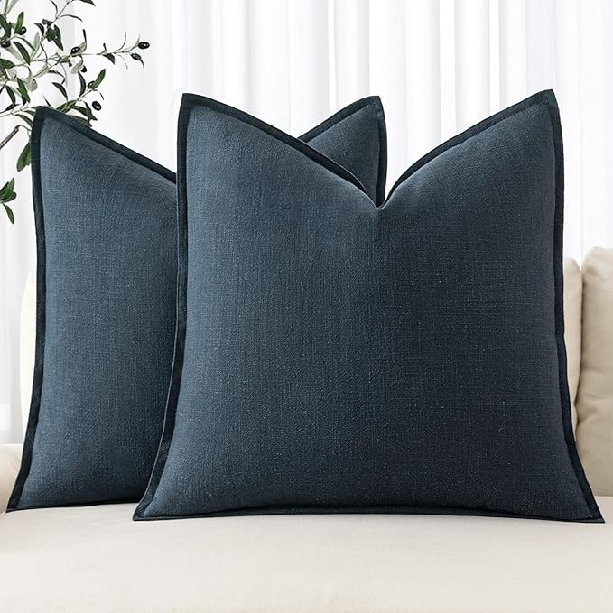 MIULEE Decorative Linen Pillow Covers 20x20 Inch Navy Blue Boho Farmhouse Neutral Couch Throw Pillows for Bed Pack of 2 Accent Coastal Modern Pillowcase Summer Sofa Livingroom Home Decor