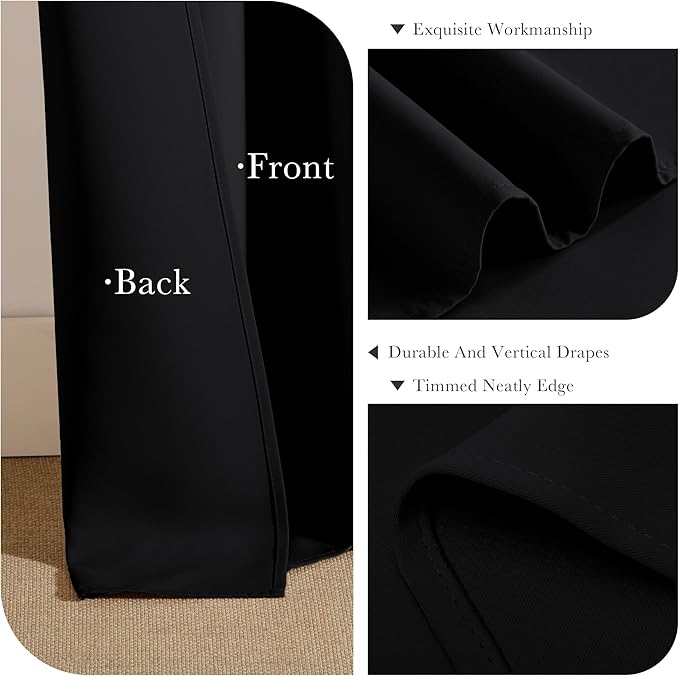 PONY DANCE Nursery Blackout Curtains - Thermal Insulated Panels Set Window Hidden Tab/Rod Pocket Light Blocking Curtain Drapes for Bedroom, 42-inch Wide by 54-inch Long, Black, 2 Pieces
