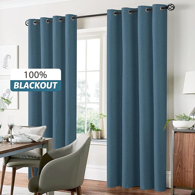 Yakamok Dusty Blue Linen Curtains 100% Blackout 96 Inches Long,Room Darkening Textured Drapes for Living Room Thermal Grommet Bedroom Curtains 2 Panels with White Liner