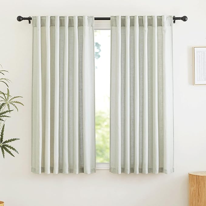 RYB HOME Linen Curtains 63 inch Length - Premium Flax Linen Material Soft Semi Sheer Half Privacy Protected for Livingroom, Bedroom, Farmhouse, W 52 x L 63 inch, 2 Panels, Sage Green