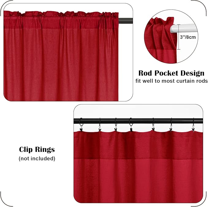 FRAMICS Farmhouse Cotton Linen Curtains for Living Room, Rustic Button Curtains 84 Inch Length 2 Panels, Boho Country Linen Window Curtain for Bedroom Rod Pocket Drapes, 52 x 84 Inch, Red and White