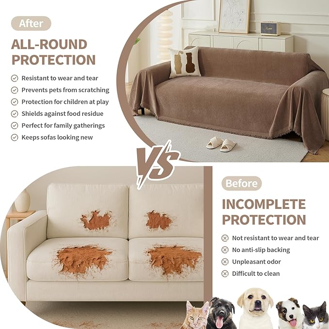 Couch Cover for Dogs, Boho Sofa Covers for 3 Cushion Couch, Chenille Sofa Slipcover for Pets Washable, L-Shape Sectional Couch Cover Soft Throw Blankets with Tassels(91x118,Coffee)