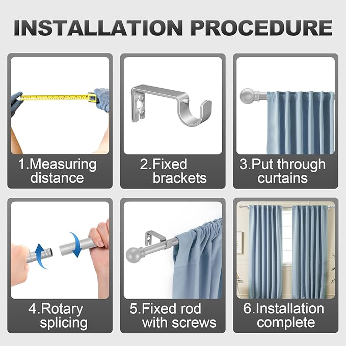 Silver Curtain Rods for Windows with Brackets,5/8 Inch Diameter Small Window Curtain Rod Adjustable 32 to 48 Inches,Easy Install Drapery Rods,Gray