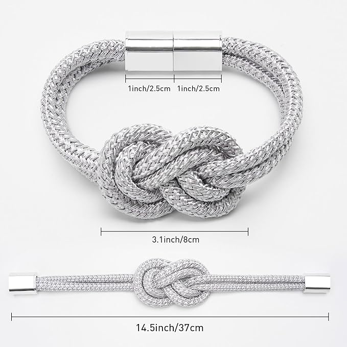 NICEEC 2 Pack Mini Magnetic Curtain Tiebacks Nordic Simple Style Drape Tie Backs Elegant Hand Weave Rope Knot Decorative Curtain Holdbacks for Home & Office Thin Window Drapery (Silver Grey)
