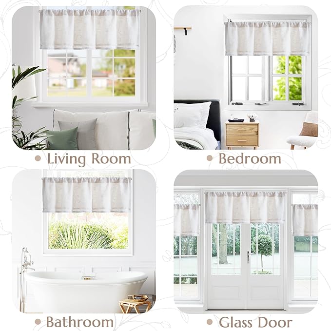 jinchan Linen Valance for Window Embroidered Farmhouse Light Filtering Voile Valance for Living Room Kitchen Beige Cottage Rustic Double Layer Curtain 16 Inch 1 Panel Crude