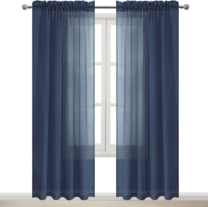 DWCN Navy Blue Sheer Curtains Semi Transparent Voile Rod Pocket Curtains for Bedroom and Living Room, 52 x 84 inches Long, Set of 2 Panels
