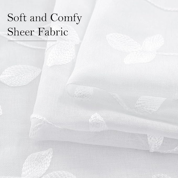 HOMEIDEAS White Sheer Curtains 52 X 63 Inches Length 2 Panels Embroidered Vine Floral Pattern Pocket Faux Linen Semi Sheer Voile Window Drapes for Bedroom Living Room