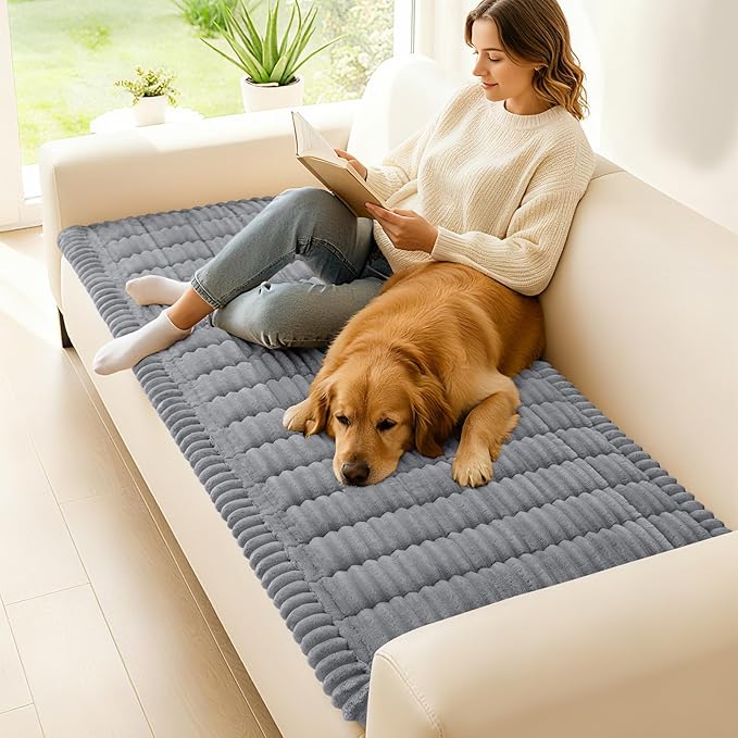 hyha Couch Covers for Dogs Washable, Non Slip Plush Dog Sofa Protectors, Fuzzy Pet Couch Covers for 3 Cushion Sofa Pet Friendly (Grey, 27.6" x 27.6")