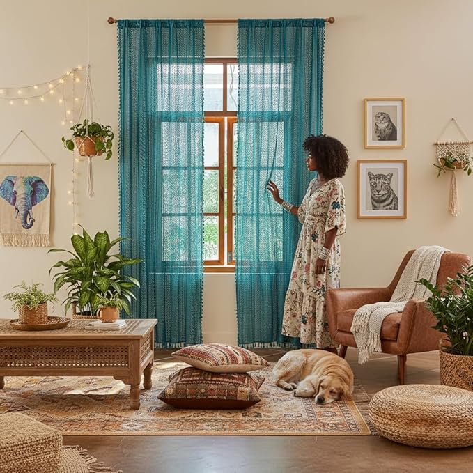 WAZZIO Boho Lace Curtains 72 Inches 2 Panel,Light Filtering Privacy Tassel & Geometry Crochet Semi Sheer Curtain Drapes for Bedroom Living Dining Room,Rod Pocket & Tassel,Coastal Style,Teal