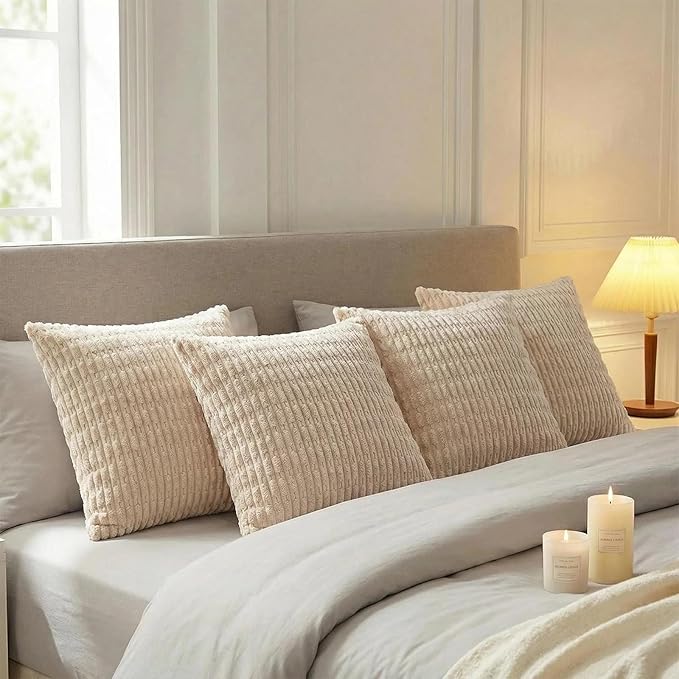 Fancy Homi 4 Packs Tan Decorative Throw Pillow Covers 16x16 Inch for Living Room Couch Bed Sofa, Beige Rustic Farmhouse Boho Home Decor, Soft Plush Striped Corduroy Square Cushion Case 40x40 cm