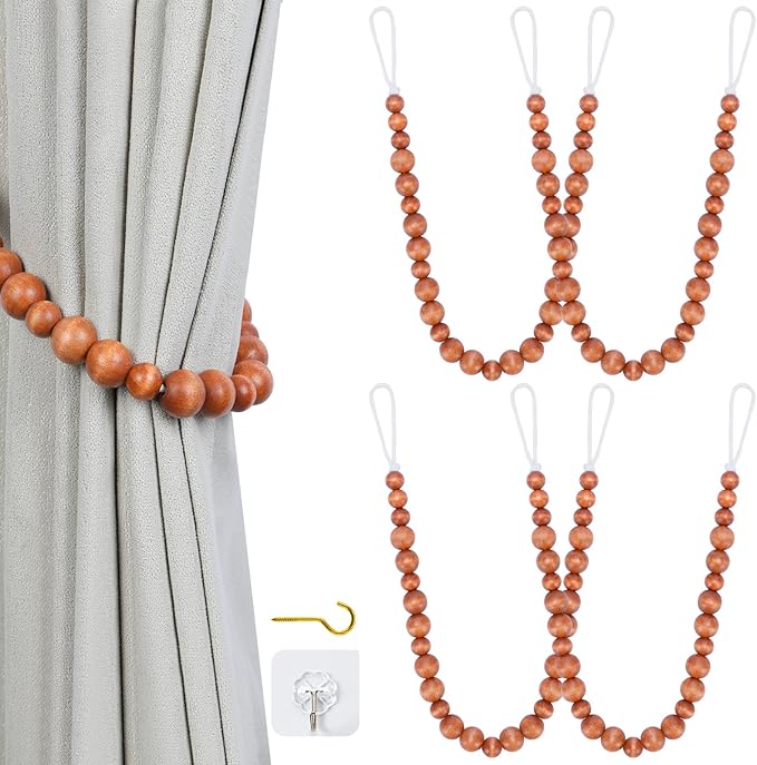 Wood Bead Curtain Tiebacks, KLOGTSIND Set of 4 Curtain Holdbacks for Thin or Thick Window Draperies, Boho Farmhouse Curtain Tiebacks with Hooks, Curtain Tie Backs for Home Office Room Decor