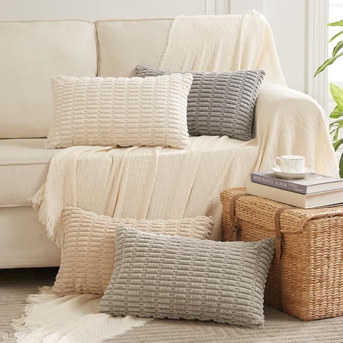 Fancy Homi 4 Packs Neutral Boho Long Lumbar Decorative Throw Pillow Covers 16x32 Inch for Couch Sofa, Rustic Farmhouse Boho Neutral Home Decor, Soft Plush Striped Corduroy Square Cushion Case 40x80 cm