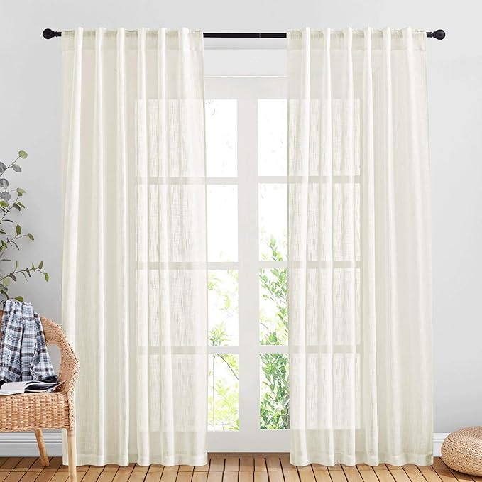 NICETOWN Linen Sheer Curtains and Drapes for Living Room, Rod Pocket & Back Tab Semitransparent with Light Through Vertical Window Treatments for Sliding Glass Door, Natural, W52 x L84, Set of 2