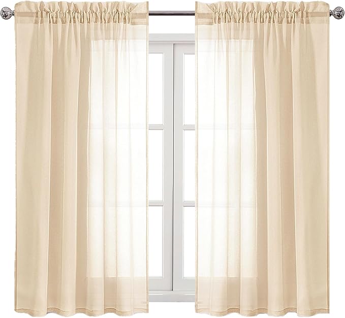 DWCN Beige Sheer Curtains Semi Transparent Voile Rod Pocket Curtains for Bedroom and Living Room, 42 x 54 inches Long, Set of 2 Panels