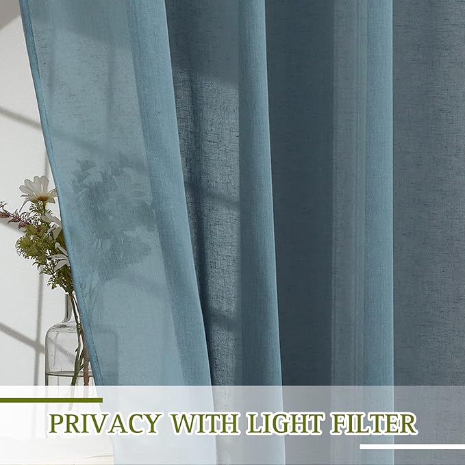 NICETOWN Smoke Blue Linen Sheer Curtains 45 inch Long for Kitchen, Grommet Semi Sheer Linen Curtains & Drapes Privacy with Light Filtering for Bedroom, 2 Panels, W52 x L45
