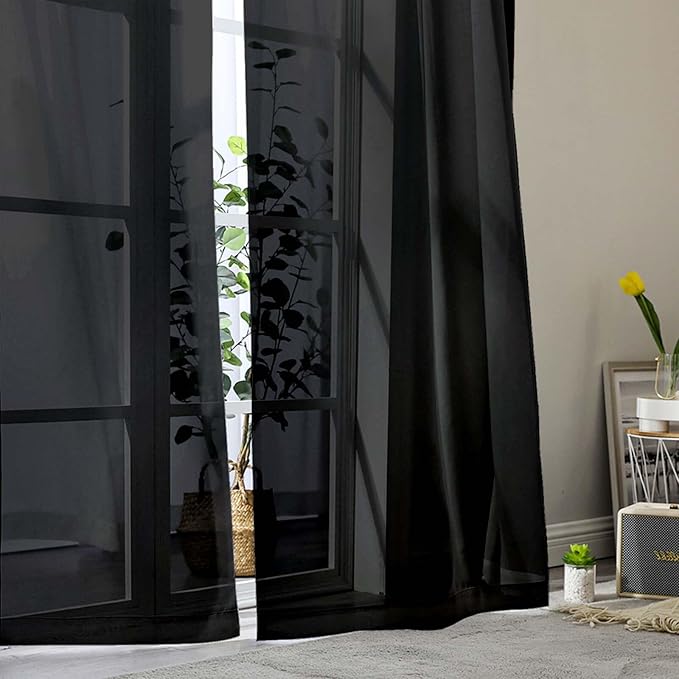 Sheer Black Curtains for Bedroom Living Room 63 Inch Length 2 Panels, Airy Soft Light Filtering Sheer Dining Room Curtains, Modern Rod Pocket Drapes, Black, Each 42" Wx63 L Inches